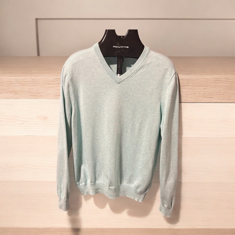 Brooks Brothers Sweater Supima Cotton Knit Mens Size Medium Aqua Blue V Neck L/S